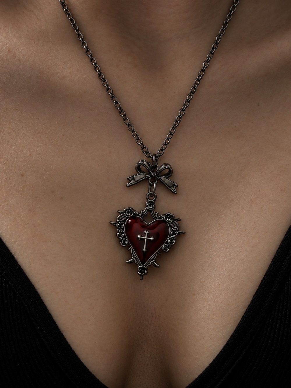 Gothic Victorian Red Heart Locket Pendant Necklace